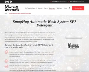 Page of the Matrix Systems website for Matrix SP7 detergent